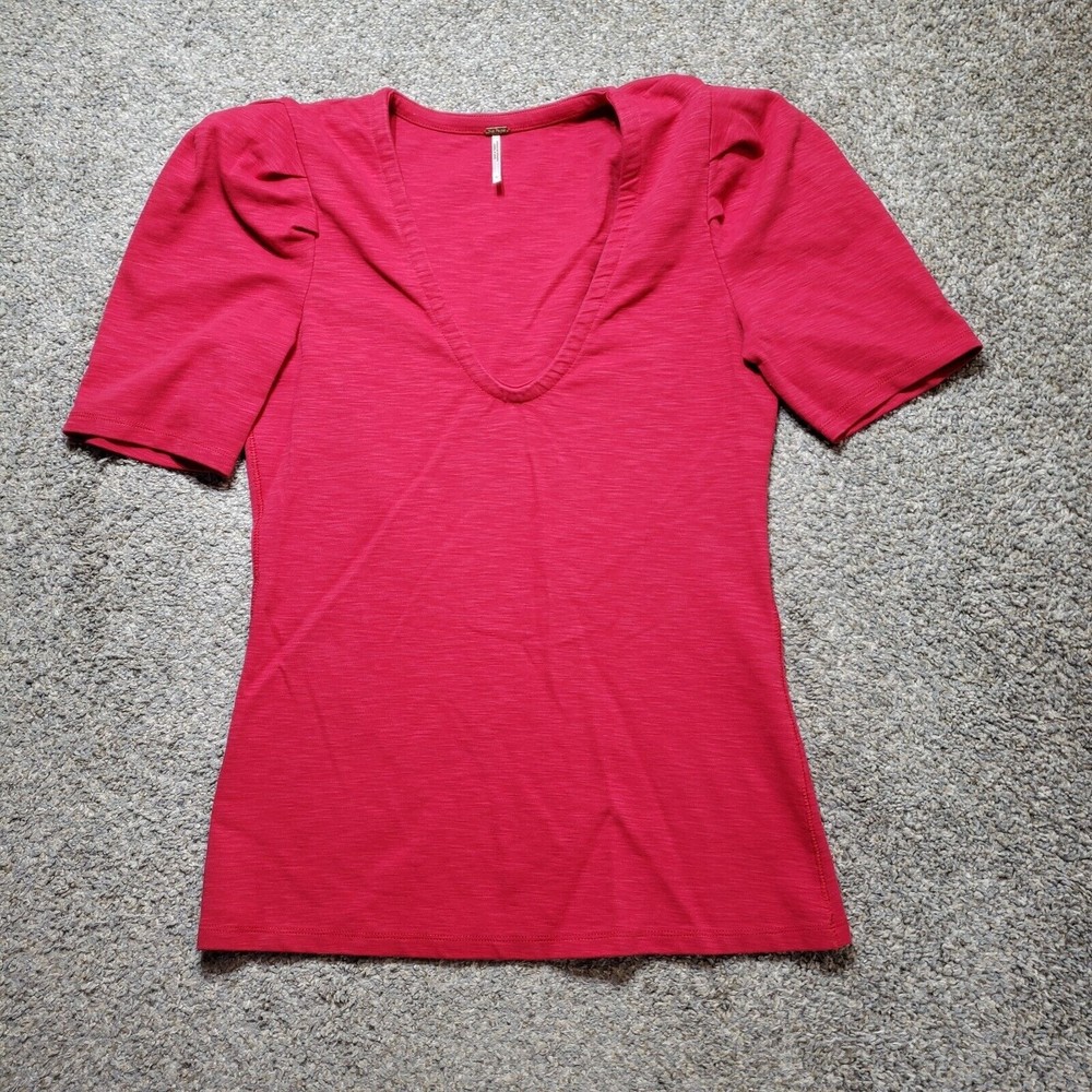 Free People Shirt Womens Large Red Short Sleeve V Neck Padded Shoulders